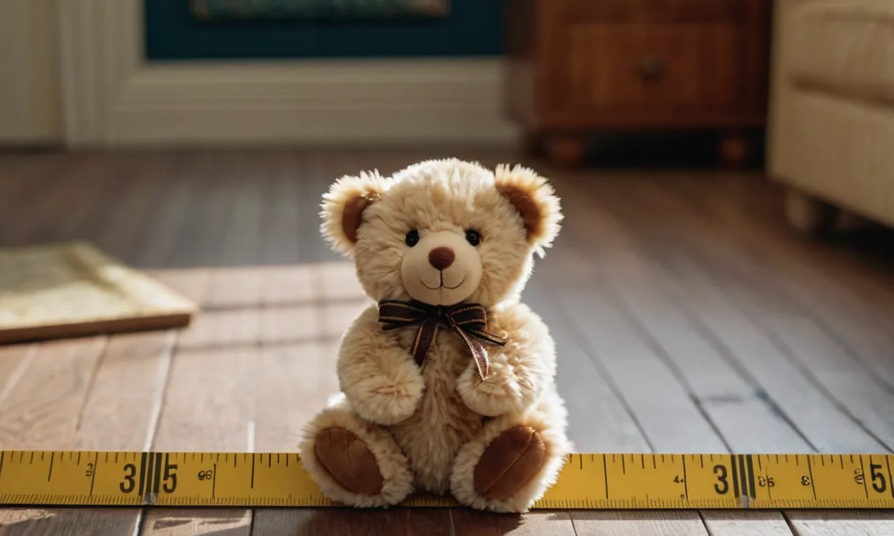 A close-up photo of an 8-inch stuffed animal sitting on a ruler, its soft fur and delicate details beautifully captured, showcasing its petite size.