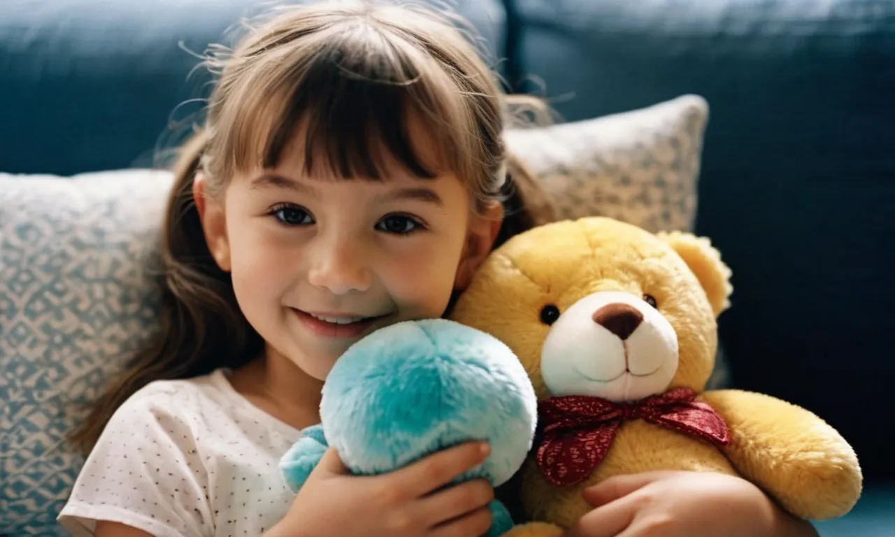 A snapshot capturing a child clutching their favorite stuffed animal tightly, eyes closed, displaying a serene smile, showcasing the comforting and calming effect stuffed animals have on anxiety.