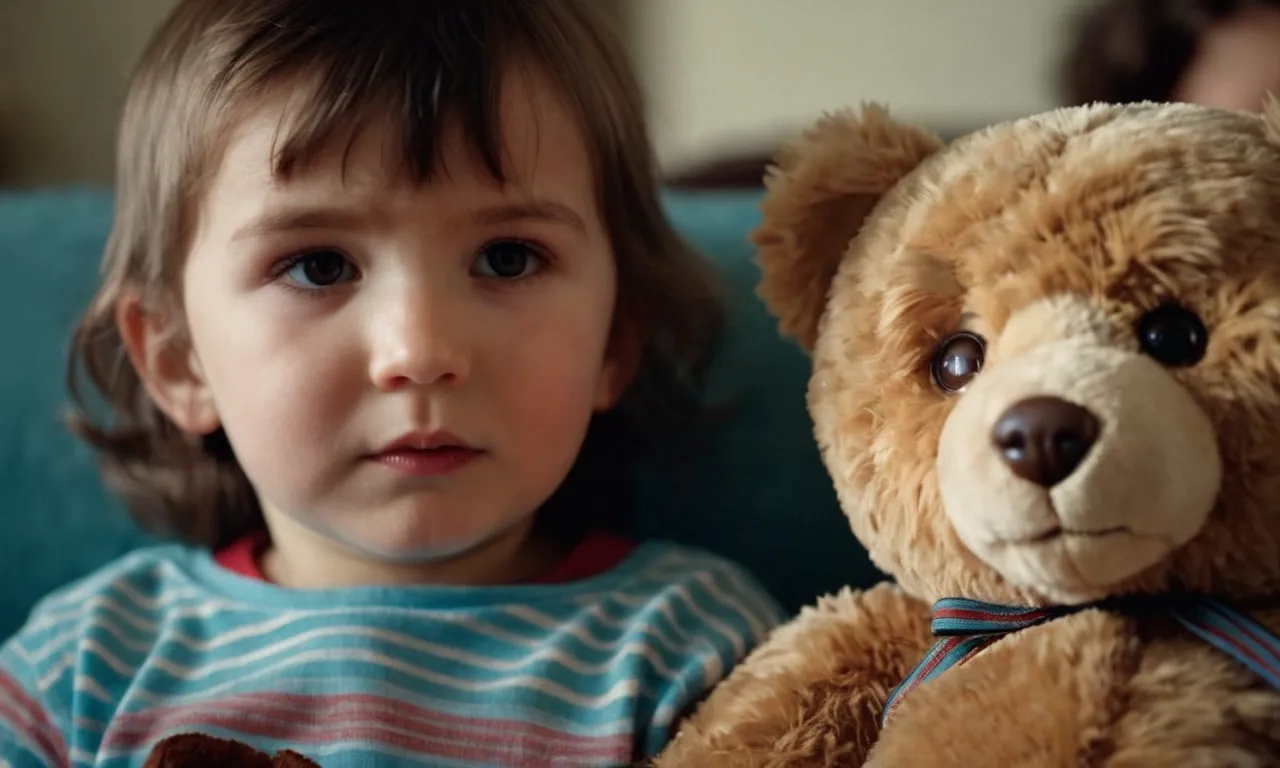 A close-up photo capturing the tearful eyes of a child clutching a worn-out teddy bear, while their parents search desperately in the background, symbolizing the heartache and determination to find a lost stuffed animal.