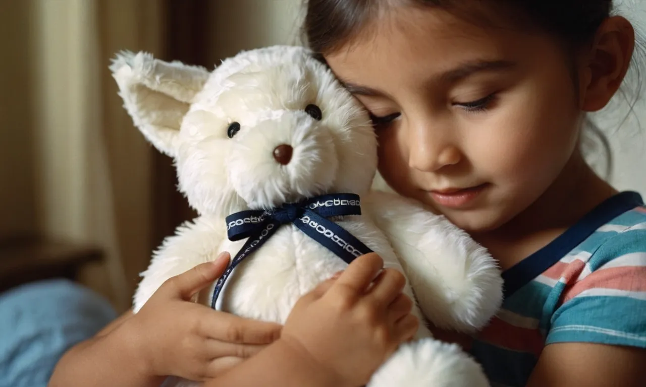 A close-up shot of a child gently brushing the fur of their beloved stuffed bunny, showcasing the tenderness and care required to maintain the toy's softness and appearance.