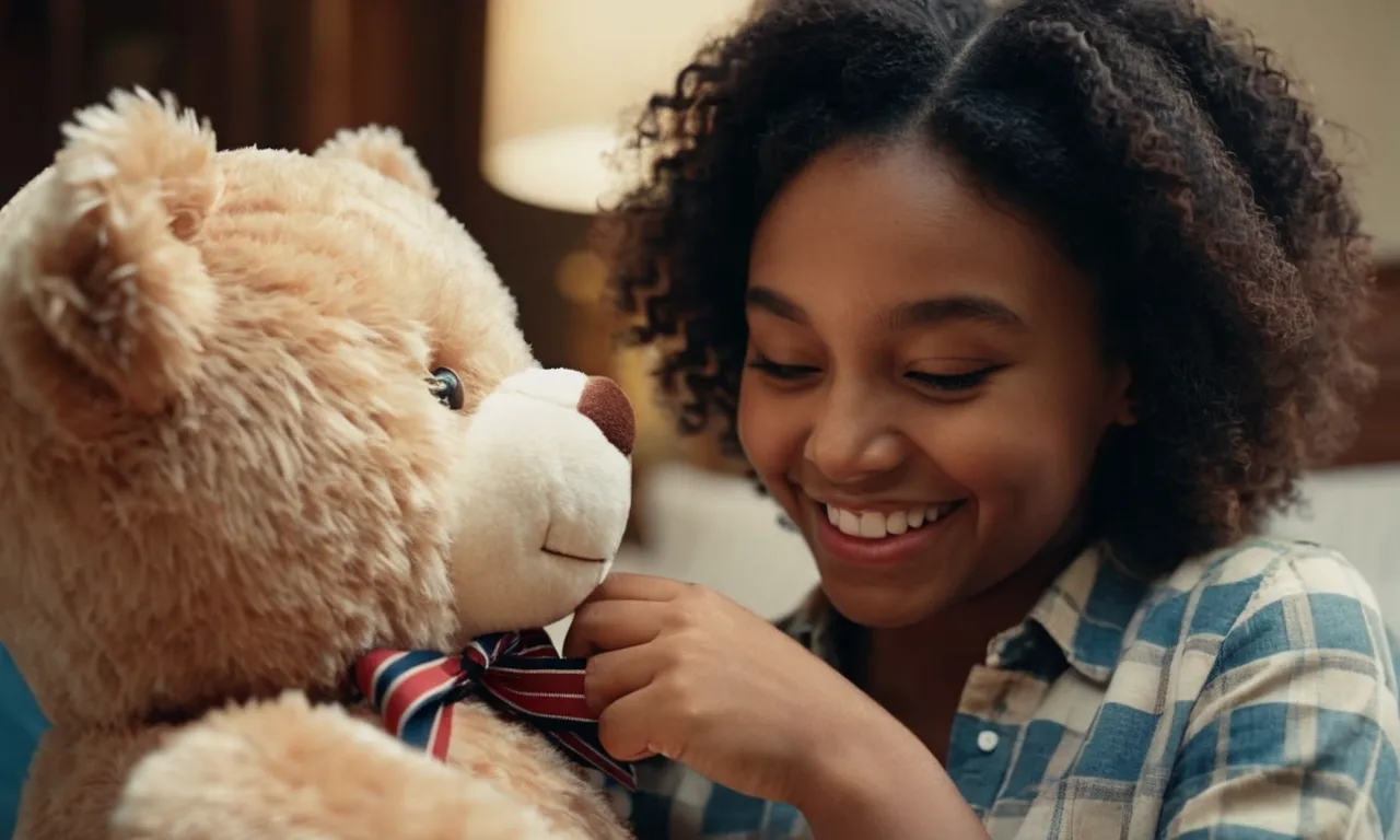 A close-up shot of a smiling guy handing a soft, plush teddy bear to a girl, capturing the tenderness and affection behind the gesture.