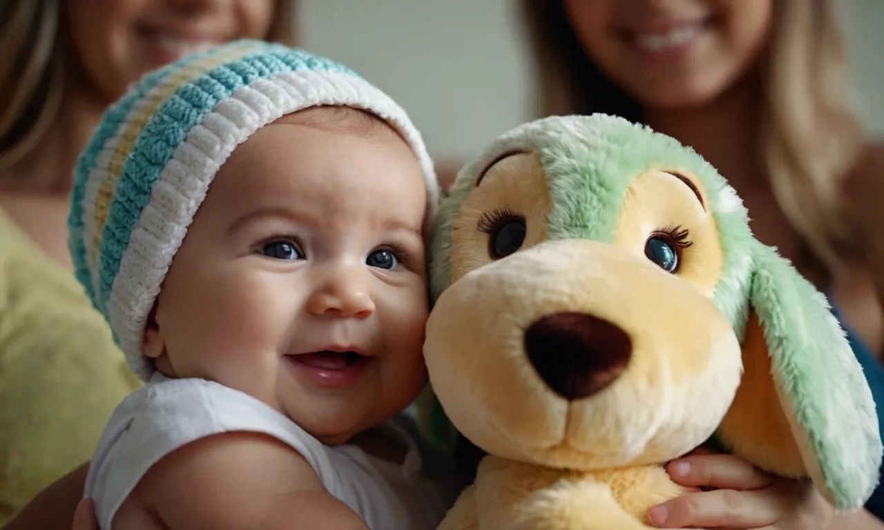 A close-up shot capturing the pure joy in a baby's eyes as they tightly embrace a soft, colorful stuffed animal, forming an early bond of love and comfort.