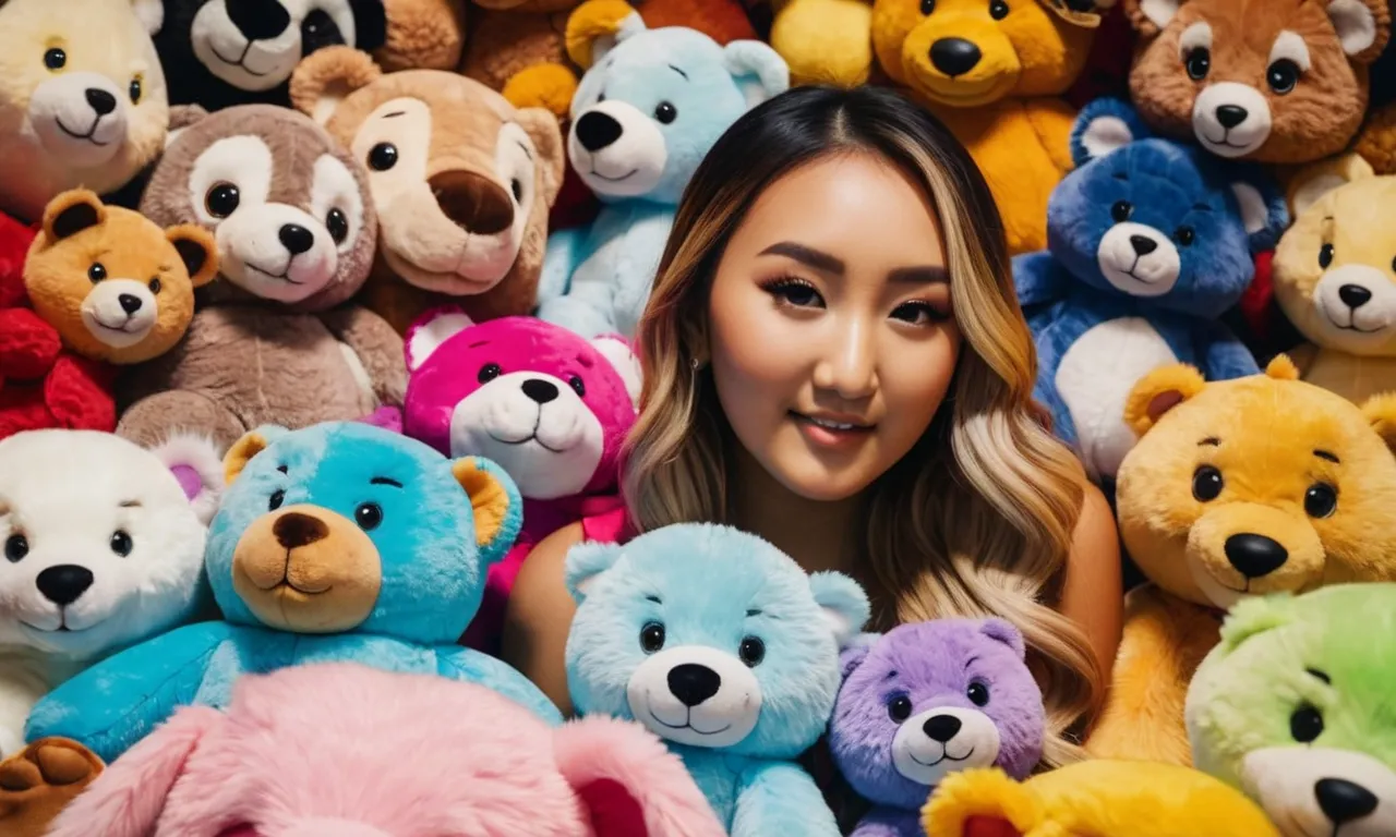 A close-up shot of LaurDIY surrounded by a colorful array of stuffed animals, creating a whimsical scene that sparks curiosity about the origins of her beloved collection.