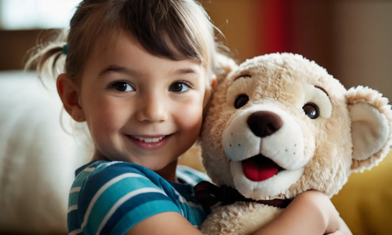A close-up photo capturing the innocence and joy on a child's face as they tightly embrace their favorite stuffed animal, highlighting the unexplainable bond between kids and their cuddly companions.