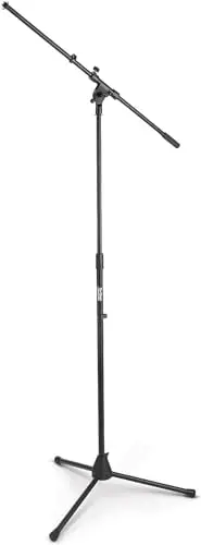 Black On-Stage MS7701B boom microphone stand with a folded tripod base and adjustable boom arm.