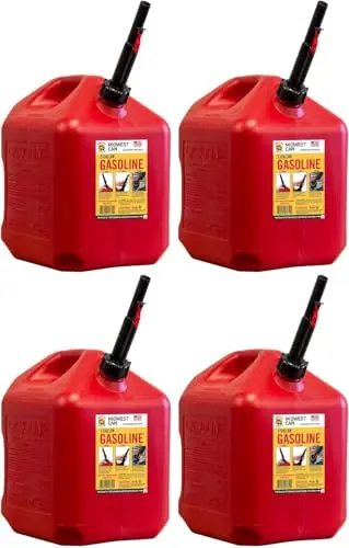 Red Midwest Can 5-gallon plastic fuel containers with auto-shutoff spouts, sold in a multi-pack.