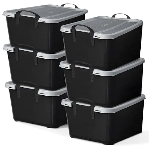 Black and grey Life Story plastic storage bins stacked.