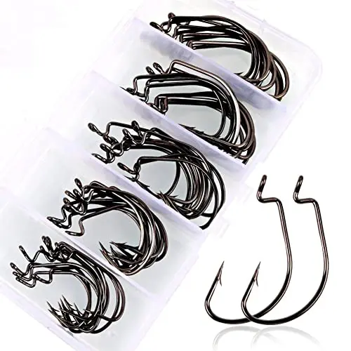 Sougayilang 50-piece high carbon steel worm hooks in a small plastic box