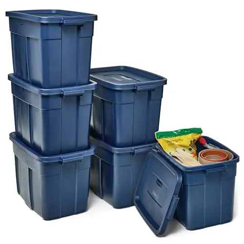 Rubbermaid dark blue rugged plastic storage totes with lids