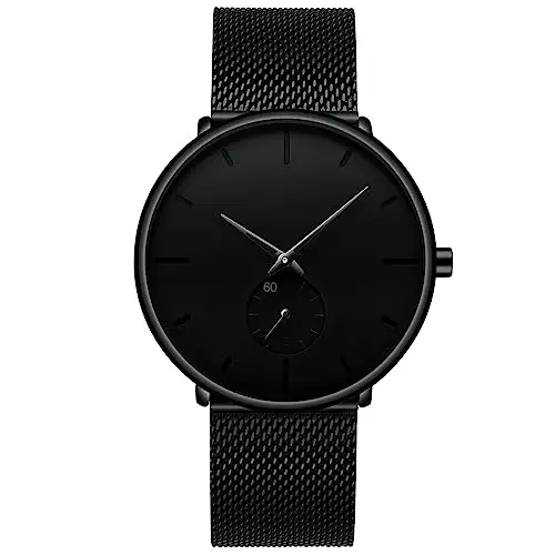 FIZILI minimalist watch with stainless steel mesh band and black dial