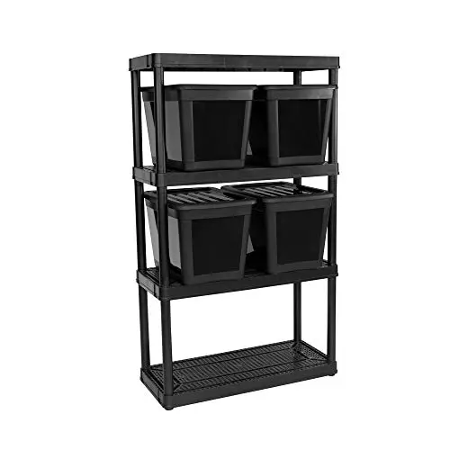 Gracious Living black plastic shelving unit with four shelves and storage bins with lids