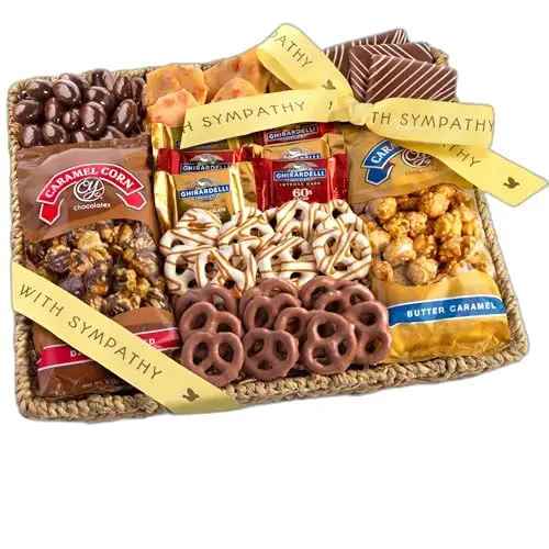 A Gift Inside Sympathy chocolate gift basket with caramel corn and Ghirardelli chocolates