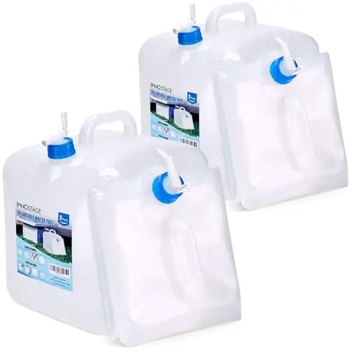 INNO STAGE two-pack of clear, square collapsible water jugs with spigots