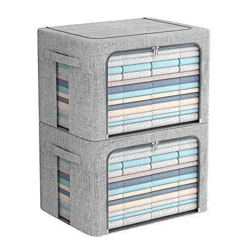 FHSQX two-pack of light gray fabric storage bins with large clear front window.