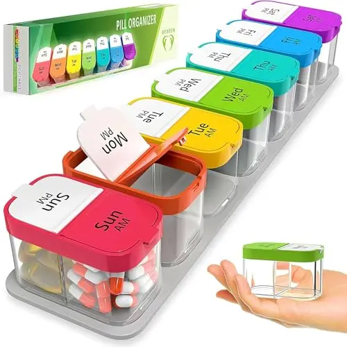 BEXEEN extra large rainbow-colored weekly pill organizer with removable daily containers