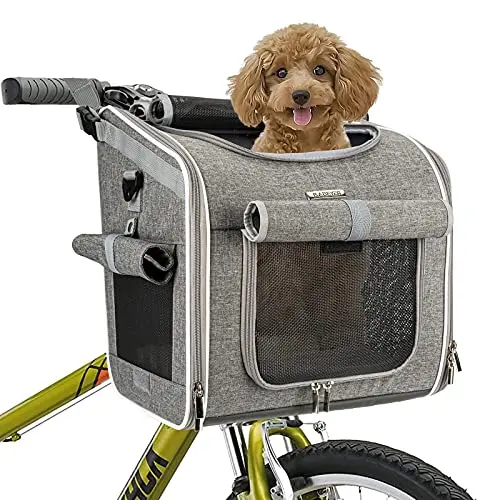 BABEYER expandable soft-sided dog bike basket carrier with mesh windows.