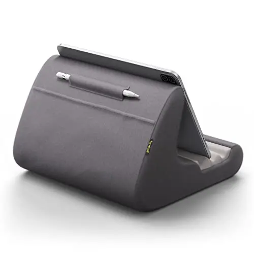 Lamicall dark grey tablet pillow stand with a rear storage pocket for accessories.
