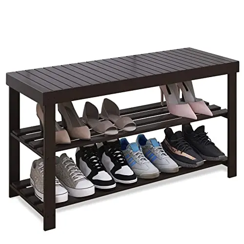 SMIBUY Dark Brown Bamboo Shoe Rack Bench