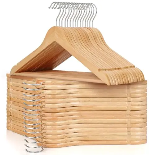 TOPIA HANGER 30 pack of natural wooden hangers with a rotatable hook and non-slip pants bar.
