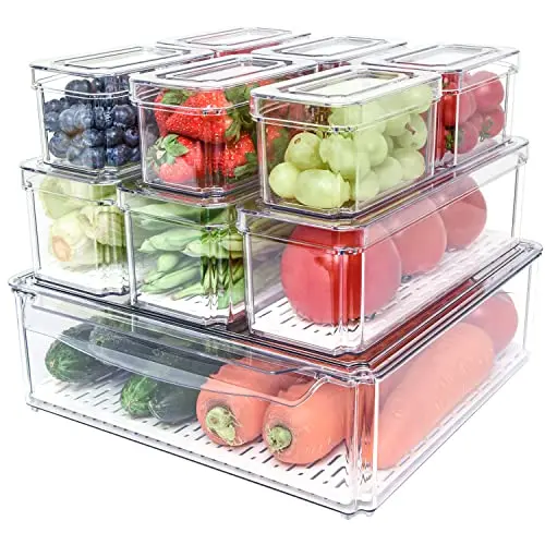 Pomeat 10-pack stackable refrigerator bins with lids in clear plastic