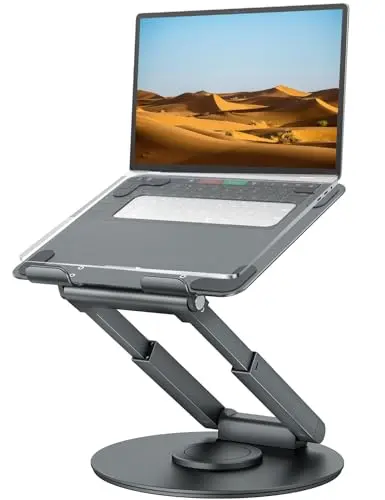 tounee gray telescopic laptop stand with swivel base on a desk