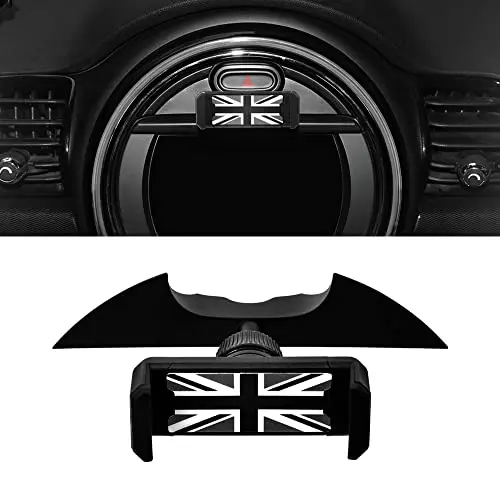 Hesanzol black phone holder clipped above a Mini Cooper infotainment screen