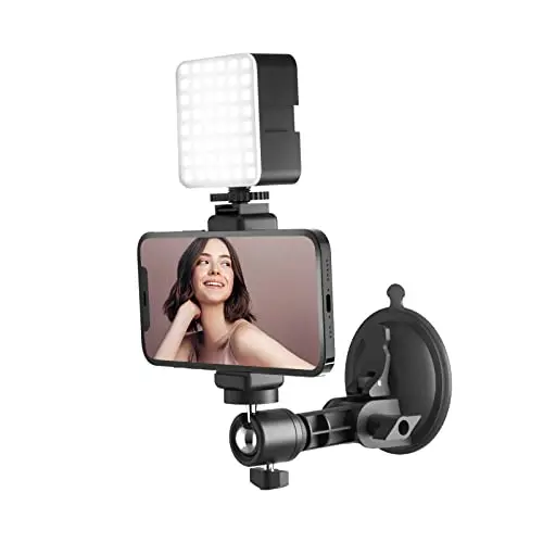 LenTok suction cup phone holder with LED light attached to a bathroom mirror