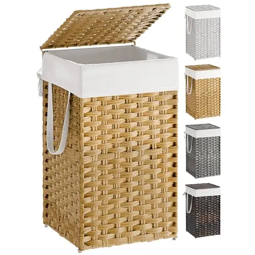 SONGMICS synthetic rattan laundry hamper with lid in goose yellow