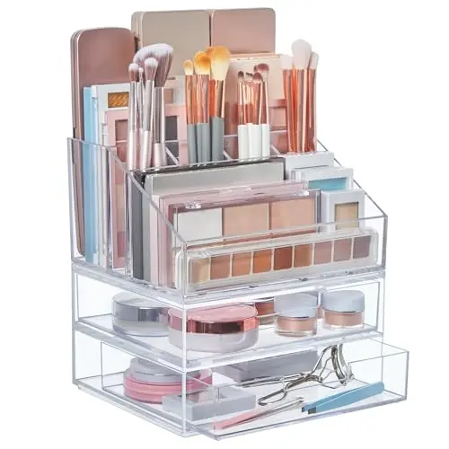 STORi Chloe clear acrylic stackable set with a brush holder and a two-drawer unit