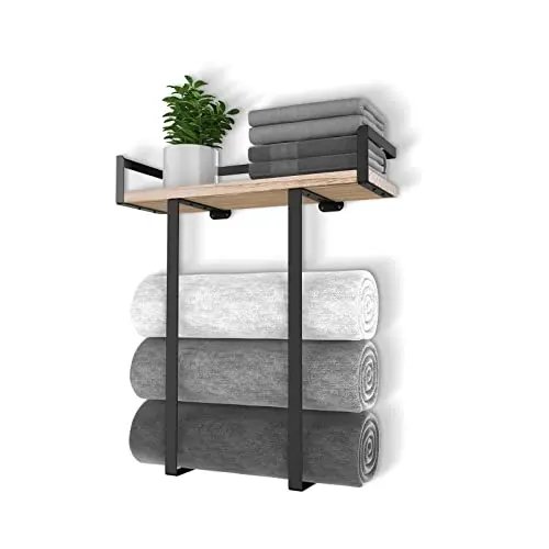 Xstydes black metal towel rack with a natural pine wood shelf above