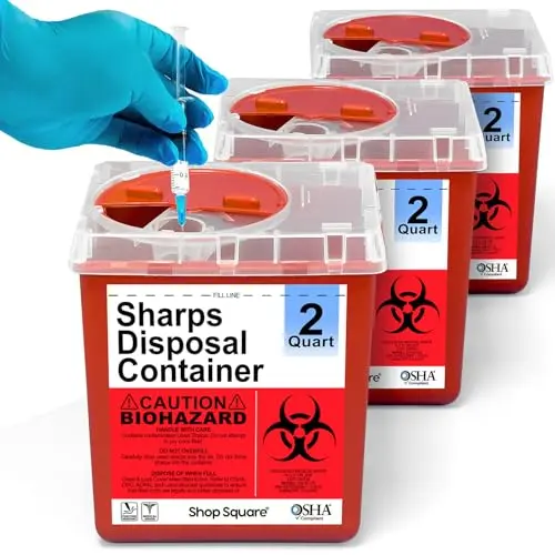 Three small, red Shop Square 2-quart sharps containers, ideal for travel or limited space.