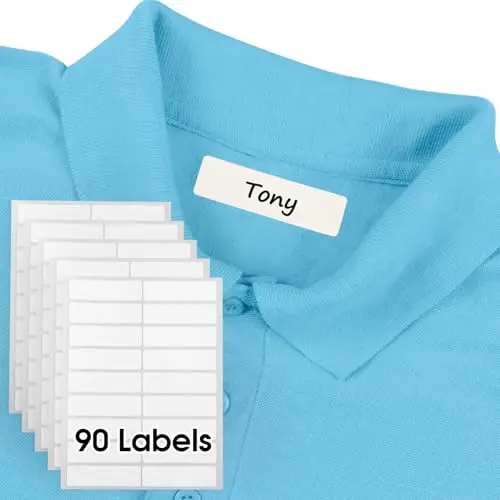 MaxGear pack of 90 blank write-on fabric labels on a blue sheet.