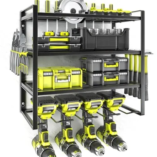 KAFAHOM black metal wall-mounted organizer with four shelves for power tools and hooks for hand tools.