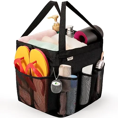 Famichan large black mesh shower caddy with a drawstring closure