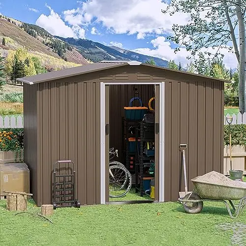 RTDTD brown metal outdoor storage shed with sliding door