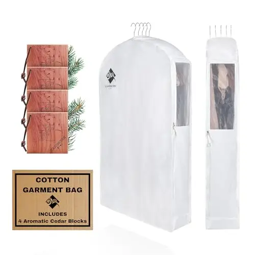 Cashmere Kiwi white hanging garment bag with cedar blocks and mesh window