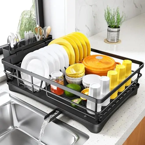 SNTD large black dish rack with drainboard and 3-slot utensil holder