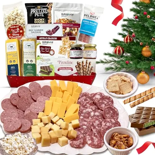 GiftWorld Christmas Meat and Cheese Gift Basket box opened to show summer sausage, salami, smoked gouda, cheddar, crackers, nuts, and Dubai chocolate.