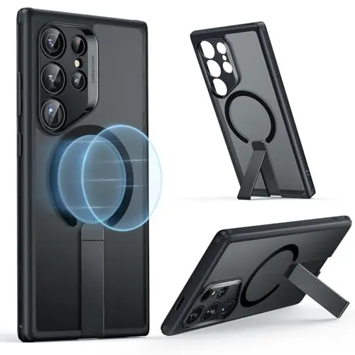 ESR MagSafe compatible case for Samsung Galaxy S24 Ultra with a kickstand, shown in black
