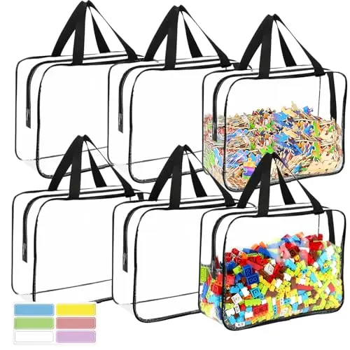Six large, thick clear PVC zipper storage bags with carrying handles and labels
