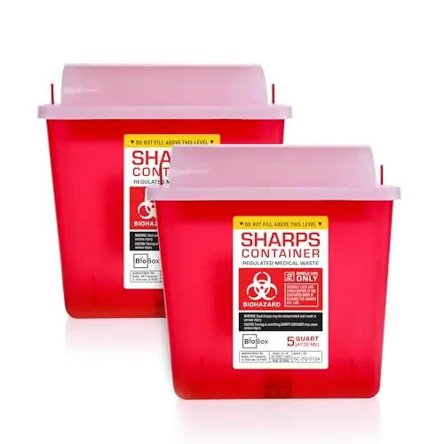 Two red BioBox 5-quart sharps containers featuring a sliding lid design.
