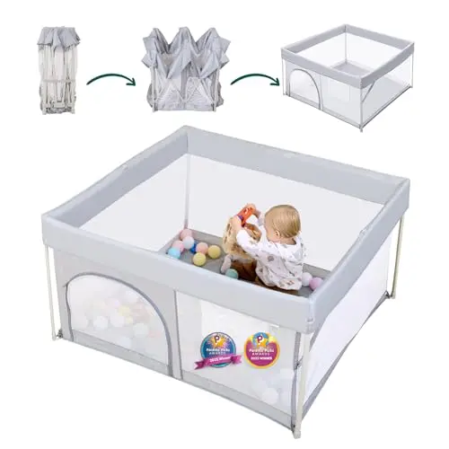 BABELIO grey foldable baby playpen with removable fabric walls outdoors