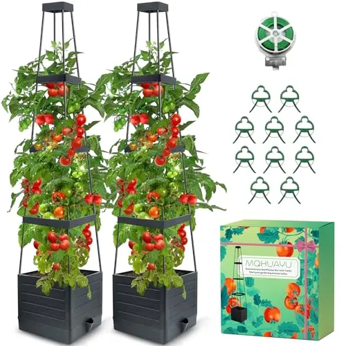 MQHUAYU two-pack of tall, square planter boxes with attached trellis in grizzly color