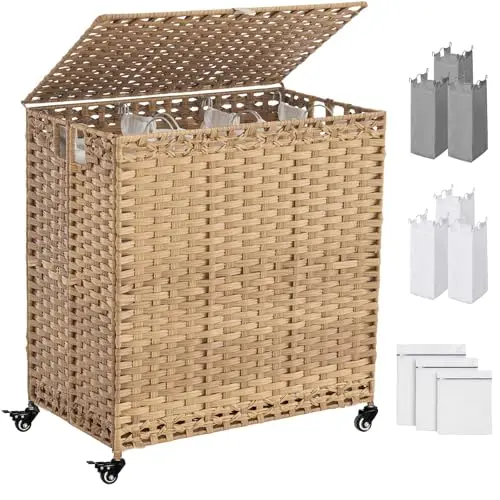 Hiagnete natural rattan laundry hamper with wheels and three sections
