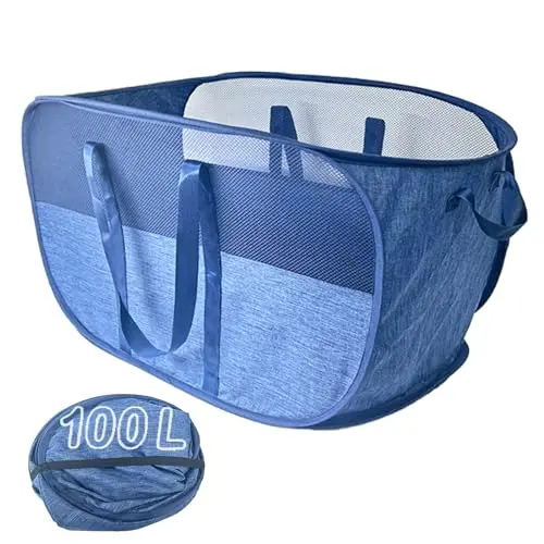 NairSnow blue mesh pop-up laundry hamper being carried