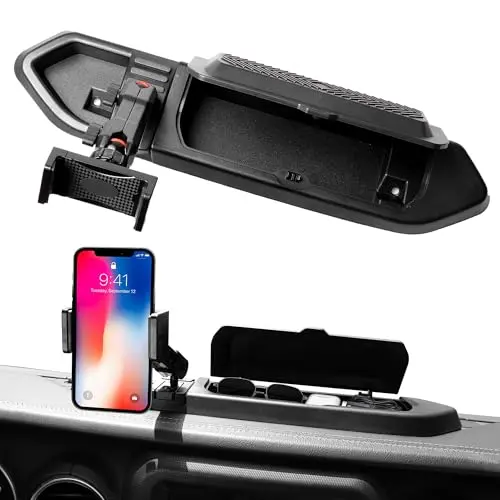 sukemichi JL phone mount with a covered storage box replacing the center console tray.