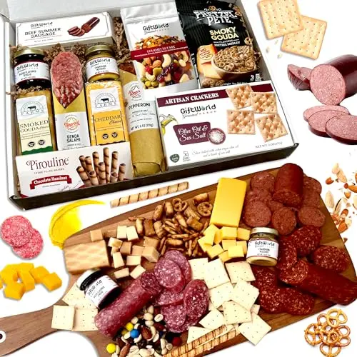 GiftWorld Deluxe Meat and Cheese gift basket with sausage, cheese, crackers, and spreads