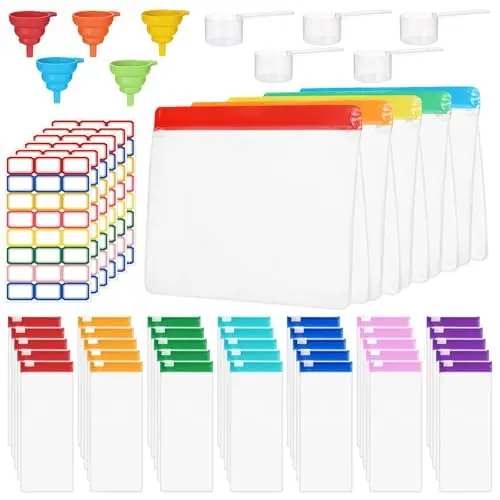 Mkway protein powder travel set with multicolor zip bags, single-dose bags, funnels, and spoons laid out