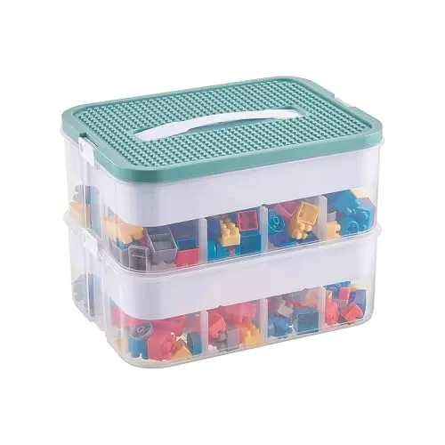 Olive green plastic storage case with building block lid and adjustable grids