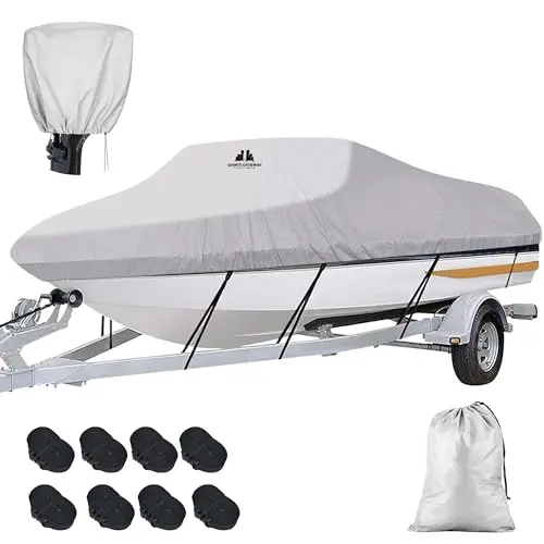 GIANTS GATEWAY grey boat cover with multiple straps on a V-hull boat